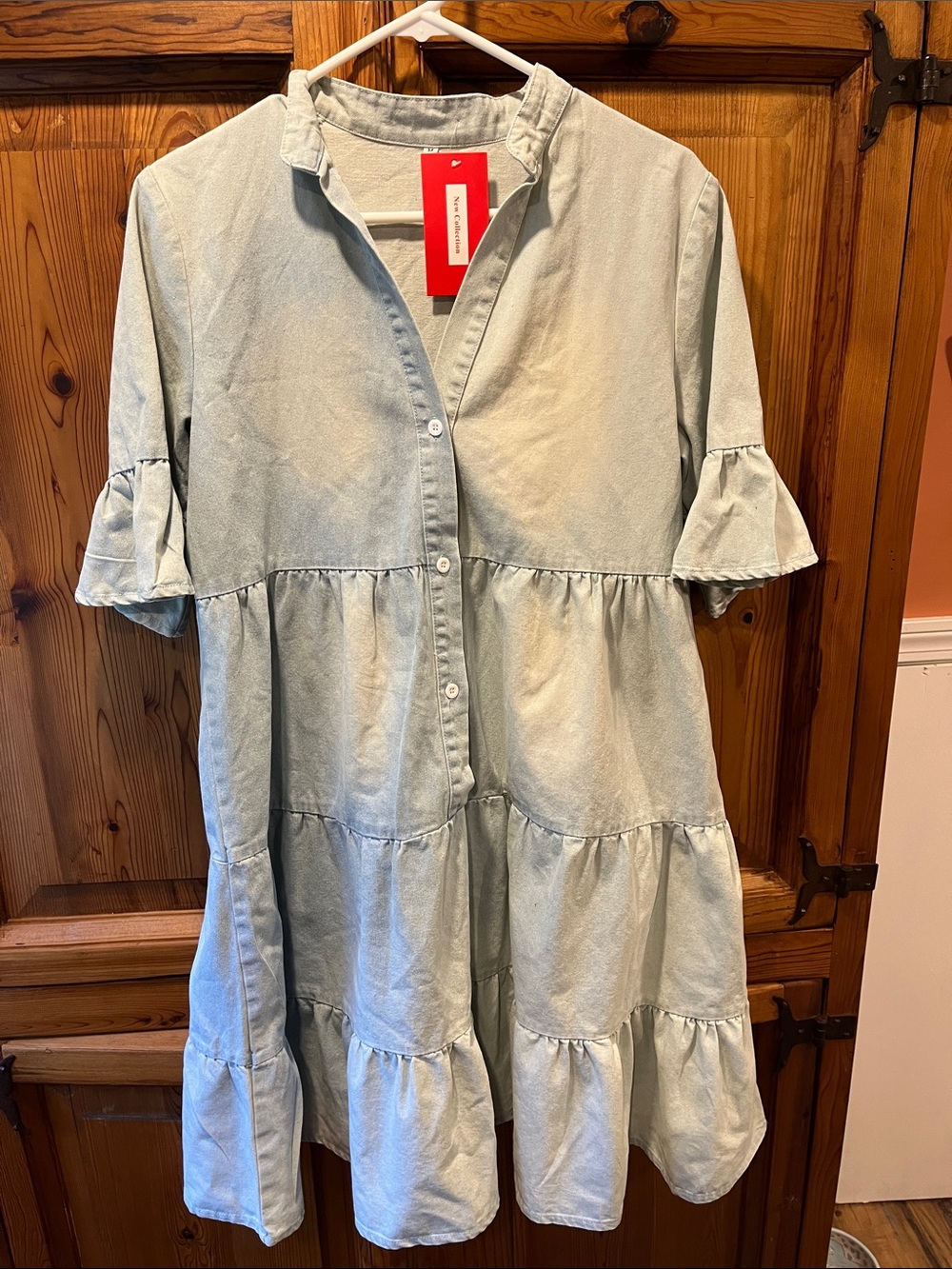 Denim light Blue Tiered Midi Dress with Button Front